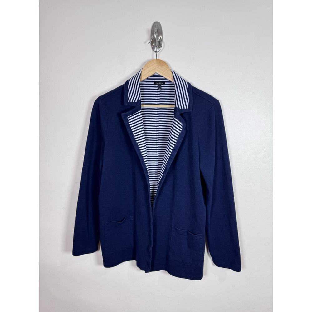 Talbots Womens Blazer Nautical Blue Striped Jersey Knit Stretch Preppy L